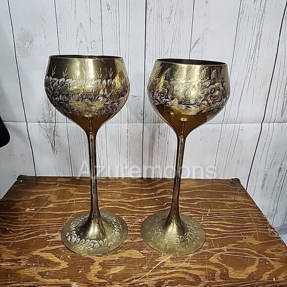 meditation pair of Etched Floral Brass Challis Long Stem candle holders 12" - Picture 1 of 7
